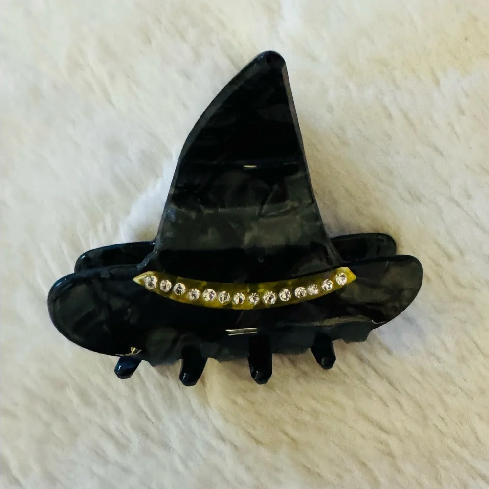 Black Witches Hat Hair Claw Clip with Rhinestone Detail